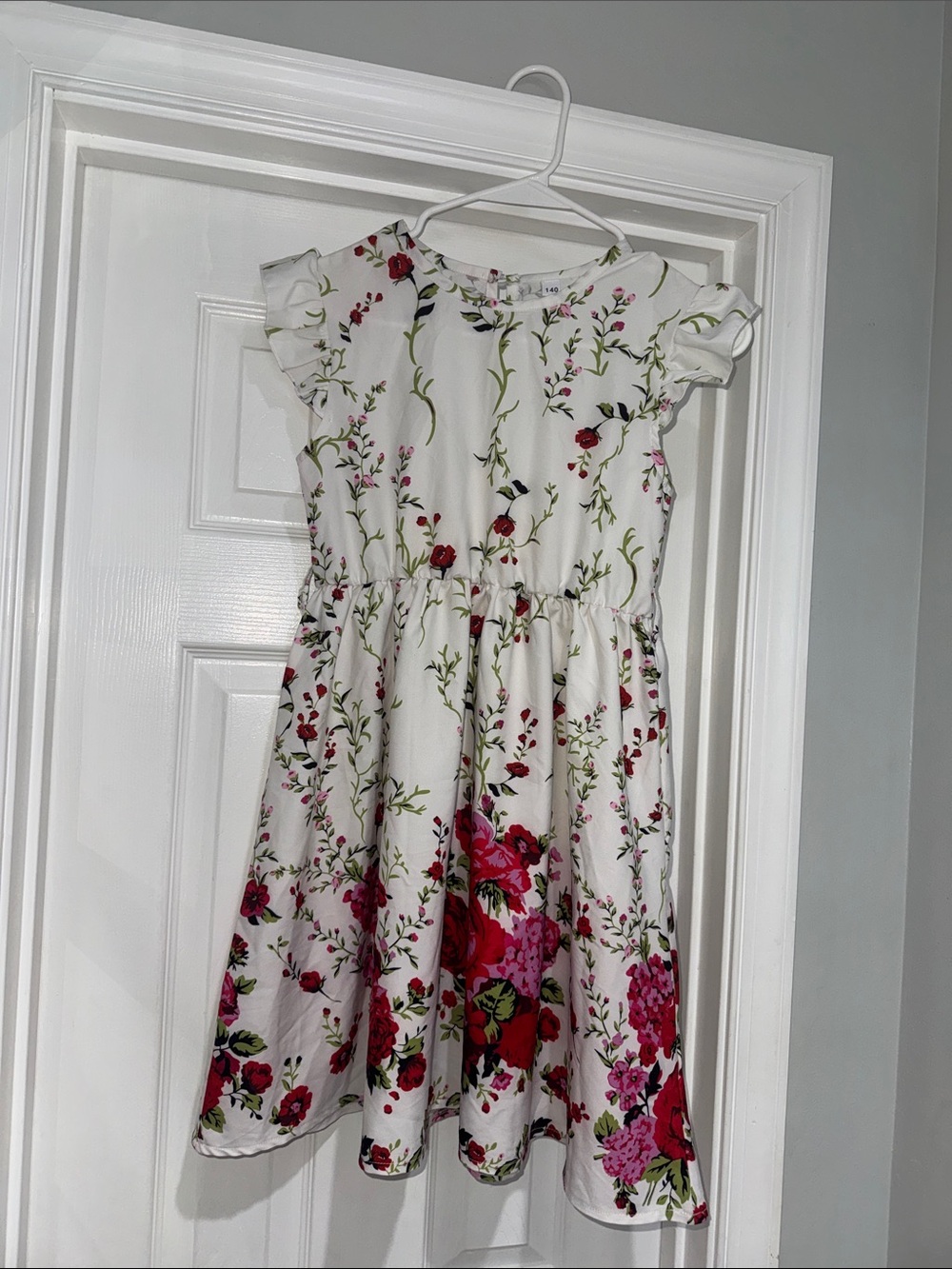 Girls Floral Ruffle Sleeve Dress - White with Pink & Red Flowers